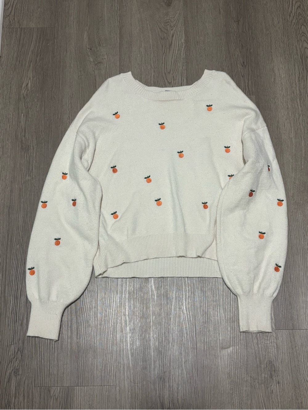 Jessica Simpson Cream Sweater with Orange Embroidered Fruit Motifs